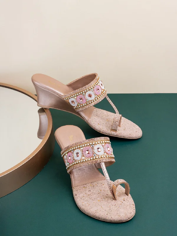 Womens Rose Gold Ethnic Embellished One Toe Wedges Heels