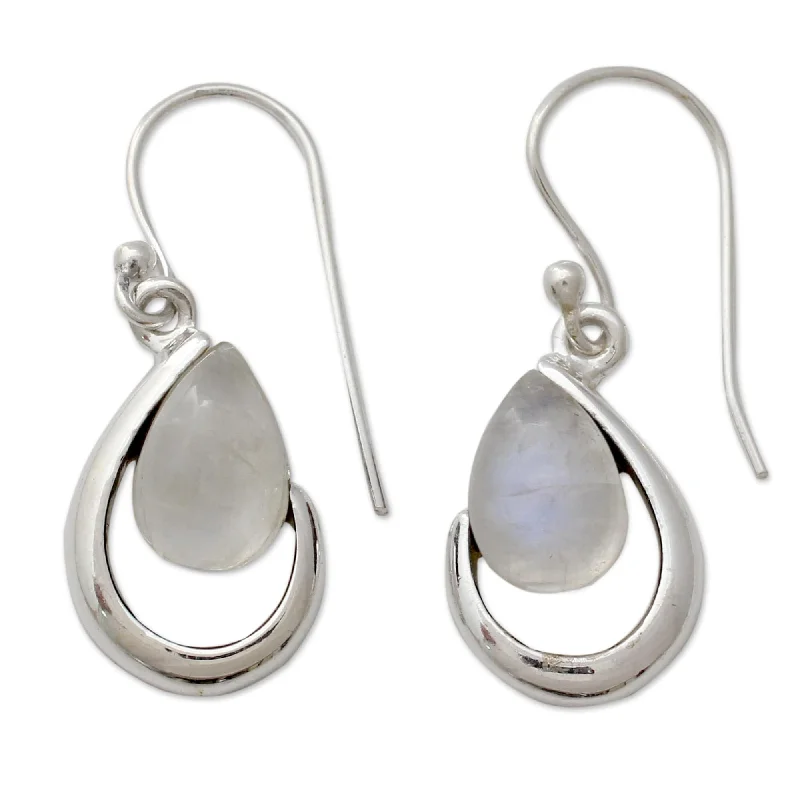 Silver Drop Earrings for Men -Sterling Silver 'Sublime Symmetry' Rainbow Moonstone Earrings