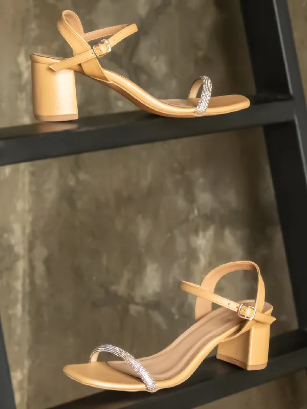 Trendy sandals for women with gladiator style and buckle details for flair-Women Beige Embellished Block Heels