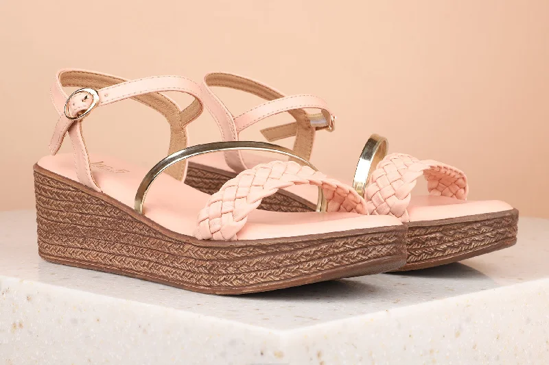 Comfortable sandals for women with soft cork footbed and rubber outsole-Women Pink Textured Wedge Heels