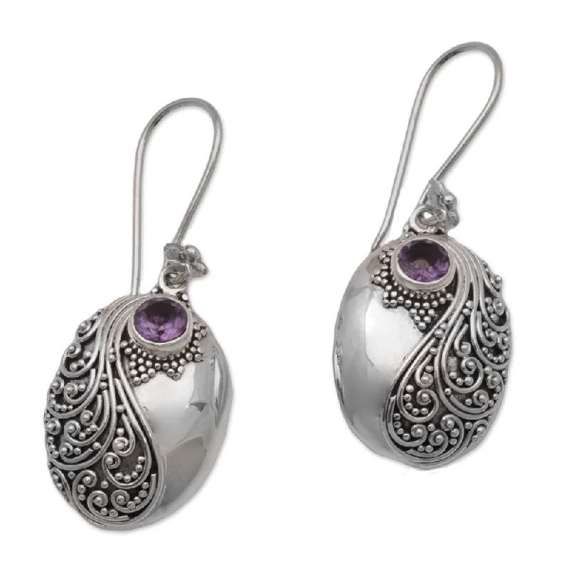 Screw Back Drop Earrings for Security -Handmade Amethyst Dangle Earrings, 'Spiral Garden' (Indonesia)