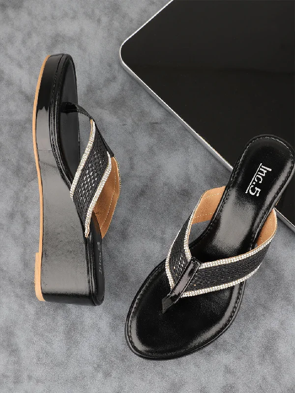 Elegant sandals for women with woven design and high-heeled platform soles-Women Black & Silver-Toned Embellished Wedge Heels