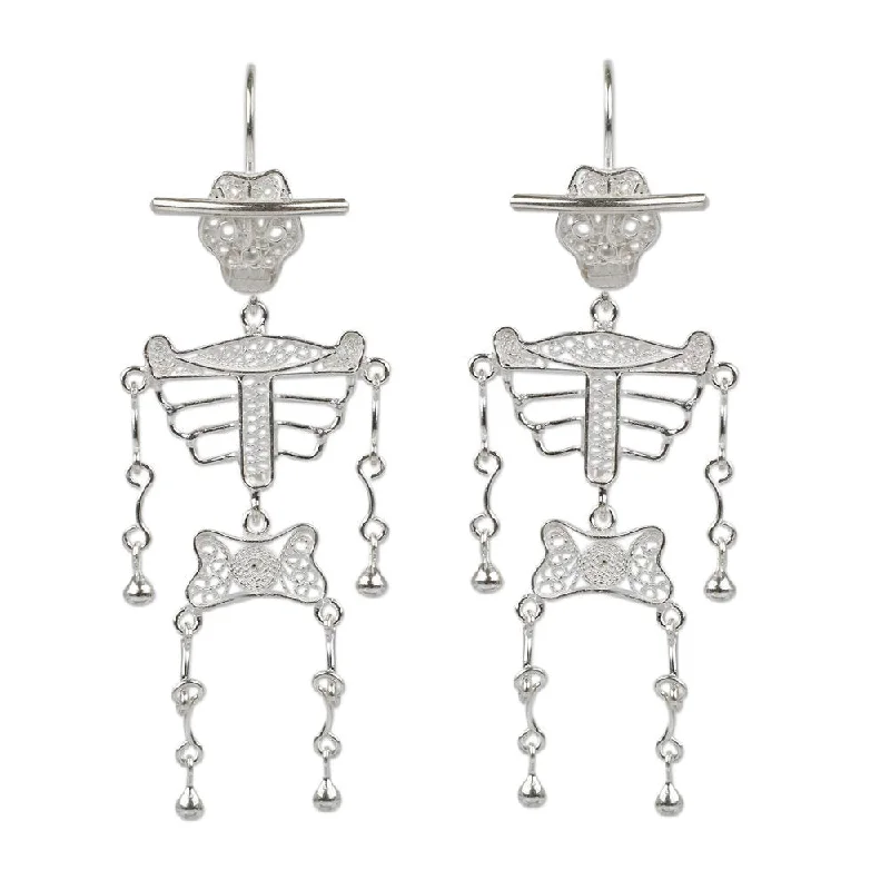 Animal Print Drop Earrings for Fun -Handmade Silver 'Dancing Skeleton' Filigree Earrings (Peru)