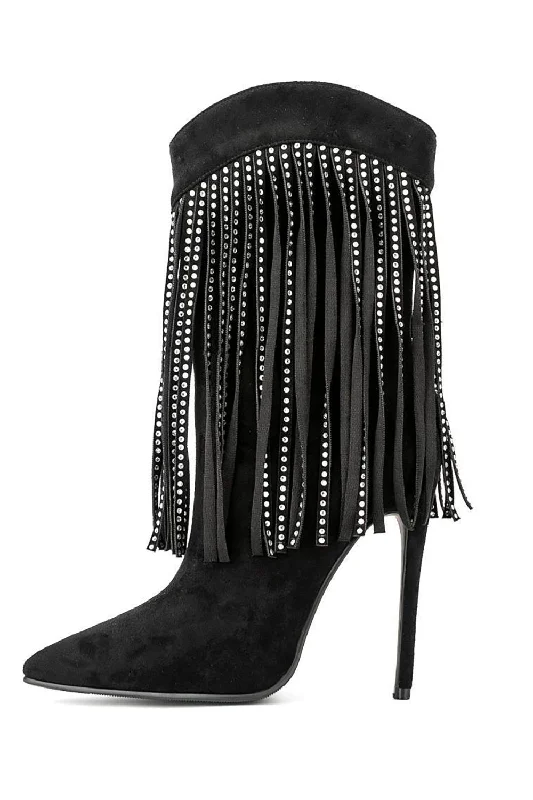 Trendy sandals for women with platform soles and stylish open-toe design for fashion-Black Suede Rhinestone Fringed Stiletto Heels Ankle Boots