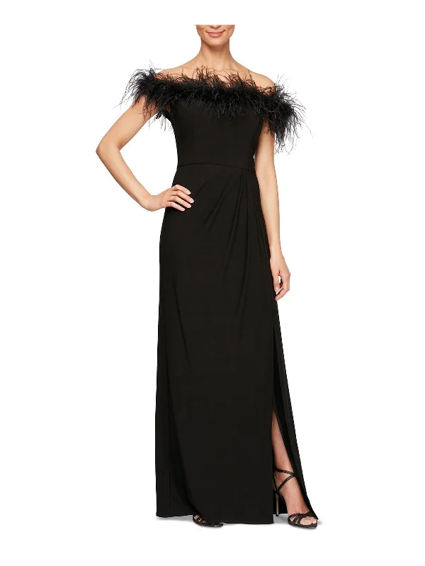 Cocktail Dresses for Party Time -Womens Faux Feather Trim Long Evening Dress