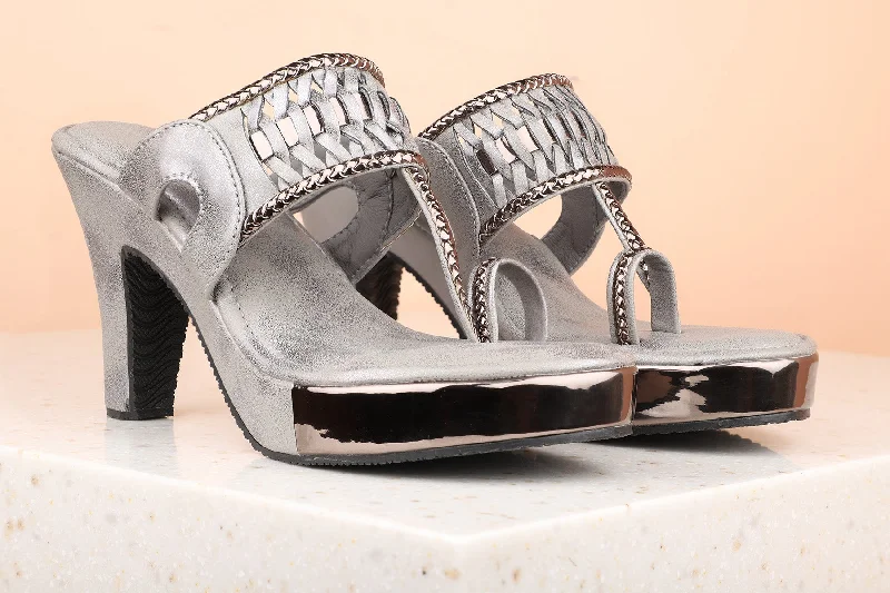 Comfortable sandals for women with memory foam footbed for all-day wear-Women Pewter Embellished Platform Heels