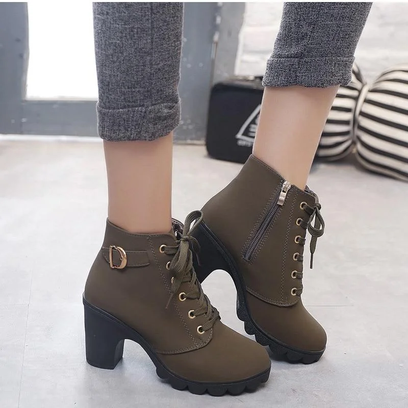 Casual sandals for women with buckle details and comfortable footbed for support-Women's Ankle Buckle Boots with Thick High Heels in Plus Size