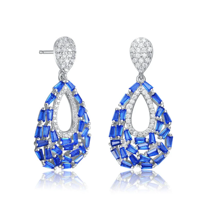 Push Back Drop Earrings for Convenience -Ga Sterling Silver With Rhodium Plated Blue Color Baguette And Round Cubic Zirconia Pear Shape Drop Earrings