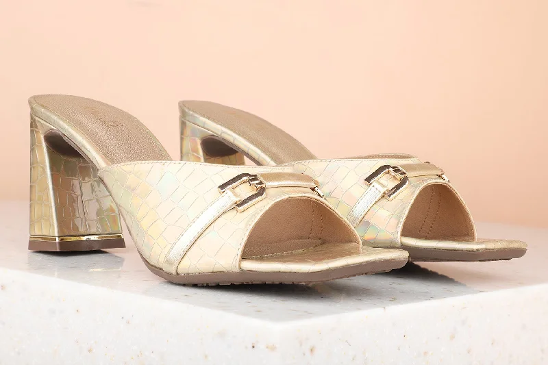 Comfortable sandals for women with Velcro straps and cushioned sole for everyday wear-Women Gold Embellished Block Heels