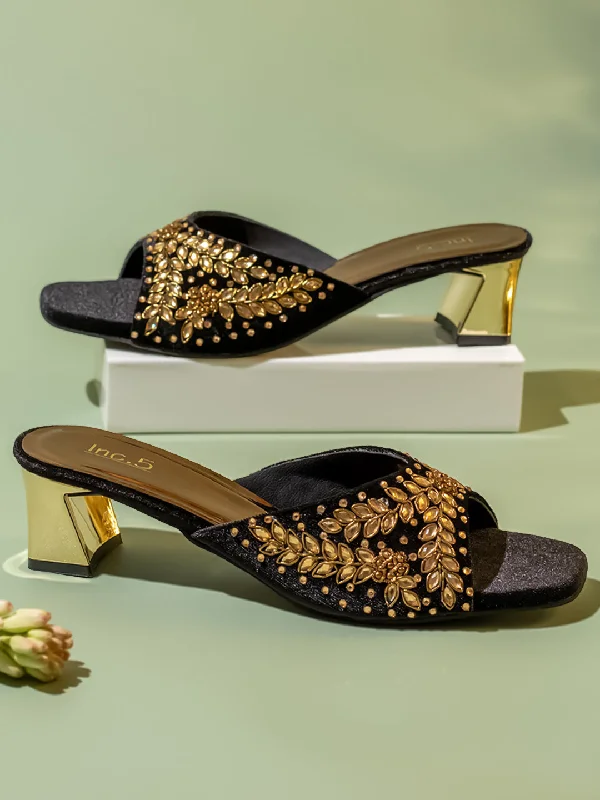 Casual sandals for women with cork footbed and supportive straps for comfort-Women Black Embellished Party Block Heels