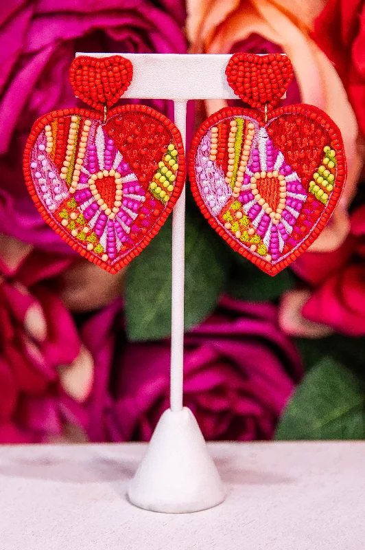 Drop Earrings for Office Wear -Red Seed Beads Heart Dangle Earrings - EAR4460RD