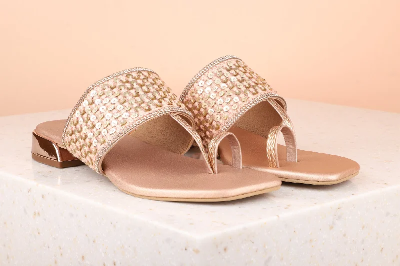 Fashionable sandals for women with metallic straps and bold color combinations-Women Rose Gold-Toned Sequin Embellished Ethnic Block Heels