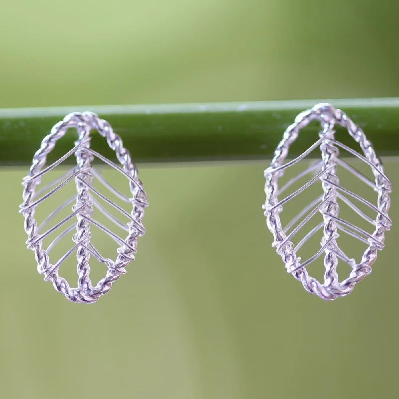 Drop Earrings with Filigree Work -Handmade Lucky Leaf Wrap Sterling Silver Earrings (Thailand) - 0.5L*0.3W