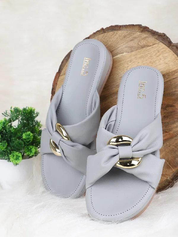 Casual sandals for women with wide straps and flat sole for relaxed fit-Women Grey & Gold-Toned Buckle Detailed Open Toe Comfort Heels