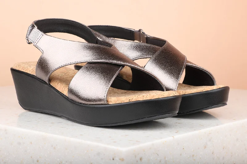 Elegant sandals for women with gold accents and high heels for luxury events-Women Pewter Wedge Heels