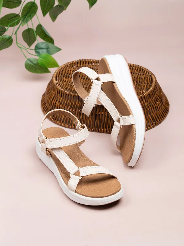 Trendy sandals for women with platform soles and stylish open-toe design for fashion-Women Cream Open toe Comfort Heels With Velcro Closure