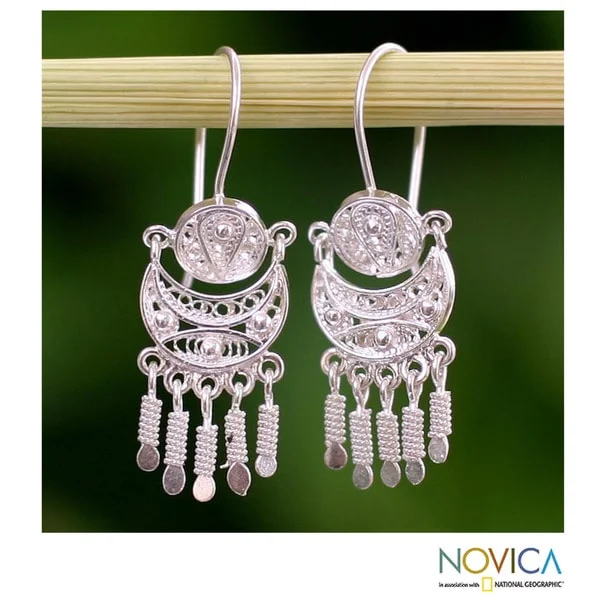 African Drop Earrings with Culture -Handmade Sterling Silver 'Andean Marinera' Earrings (Peru)