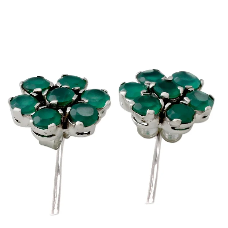 Drop Earrings with Vine Designs -Onyx Button Earrings, 'Green Blossom' (India)