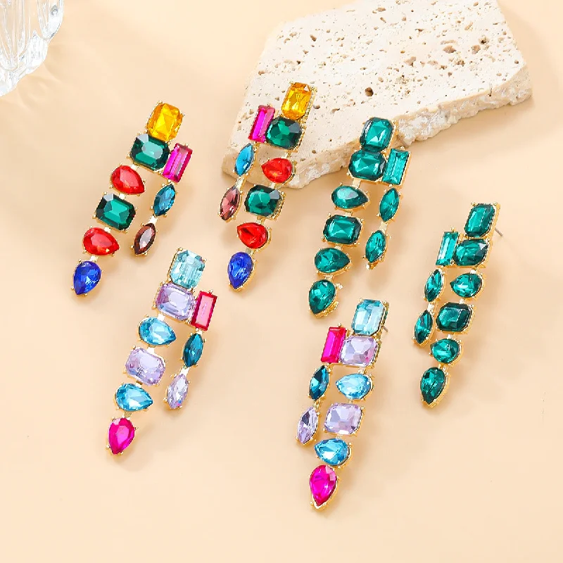 Lightweight Drop Earrings for All Day -Wholesale Colorful Diamond Bohemian Style Full Diamond Earrings