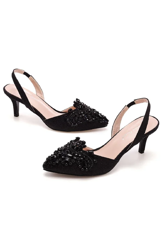 Casual sandals for men with slip-on design and cushioned support for easy wear-Black Rhinestone Heel Slingback Sandals Pointed Toe Slip On Block Heels