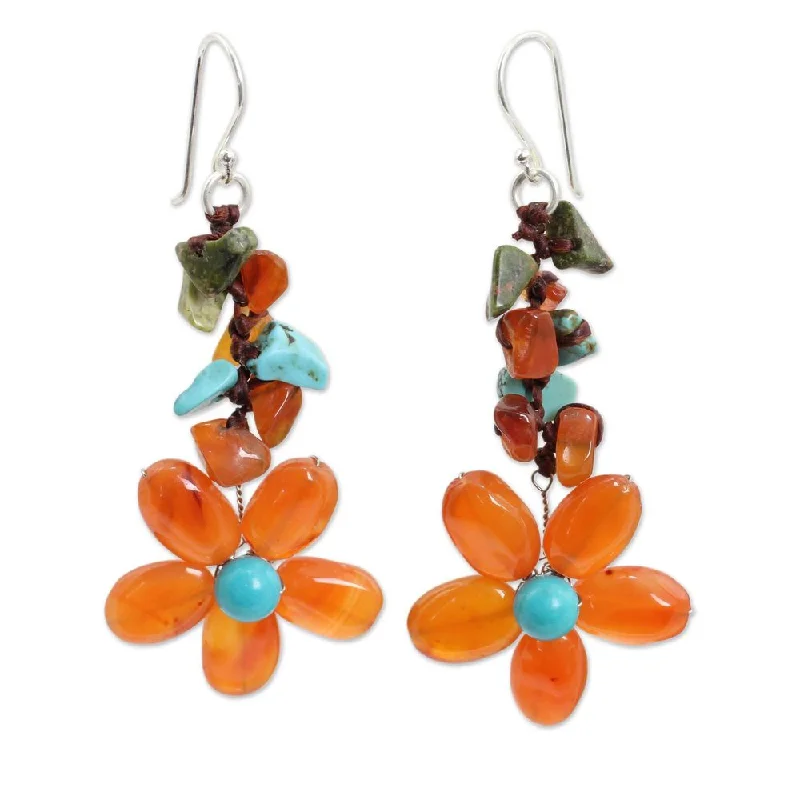 Drop Earrings for Beach Outfit -Handmade Sterling Silver 'Sunny Blooms' Multi-gemstone Earrings (Thailand)