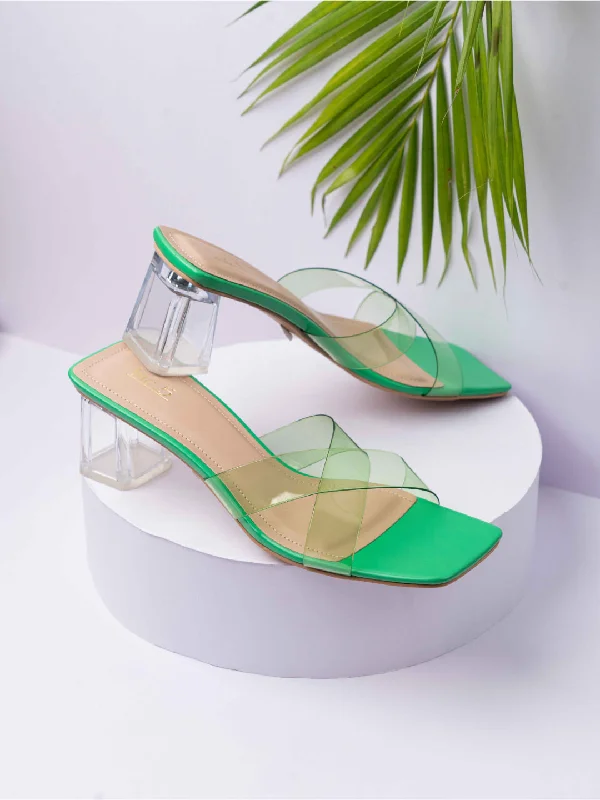 Comfortable sandals for women with cross-over straps and padded footbed for support-Womens Green Party Wear Transparent Square Heels