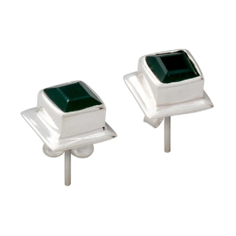 Drop Earrings with Debossed Designs -Sterling Silver 'Contemporary Squared' Green Onyx Earrings