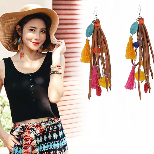 Screw Back Drop Earrings for Security -Wholesale Ethnic Style Wool Ball Bohemian Handmade Tassel Earrings