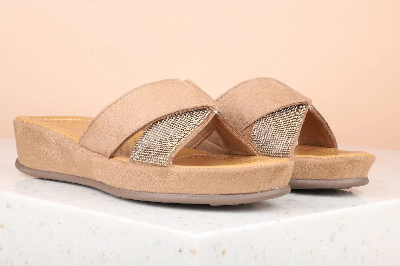 Beach sandals for women with flip-flop style and waterproof construction for comfort-Women Beige Embellished Wedge Heels