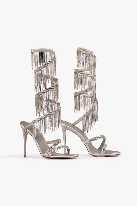 Casual sandals for women with flat soles and adjustable straps for easy wear-Sparkly Silver Beading Strappy Tassels Open Toe High Heels