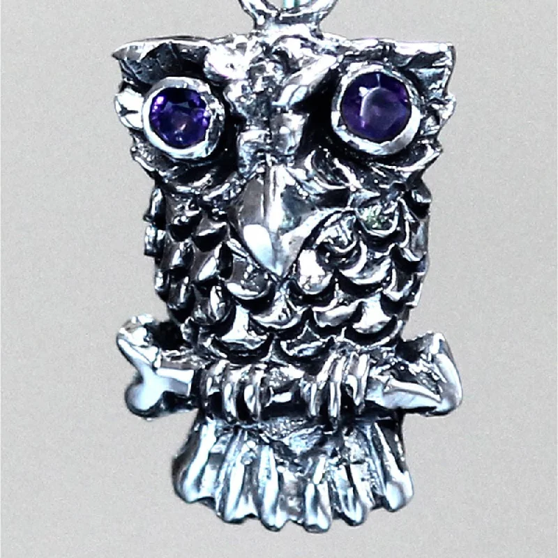 Animal Print Drop Earrings for Fun -Handmade Sterling Silver 'Baby Owl' Amethyst Earrings (Indonesia)