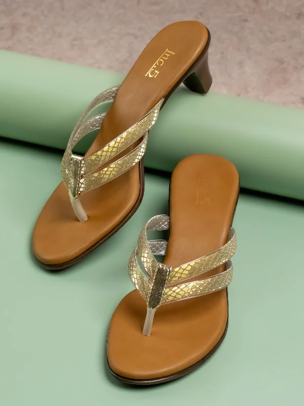 Fashionable sandals for women with metallic straps and bold color combinations-Women Gold Textured Block Heels Sandals