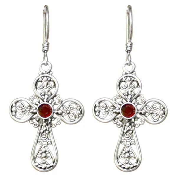 Drop Earrings with Abstract Designs -Handmade Floral Cross Sterling Silver Garnet Dangle Earrings (Indonesia)