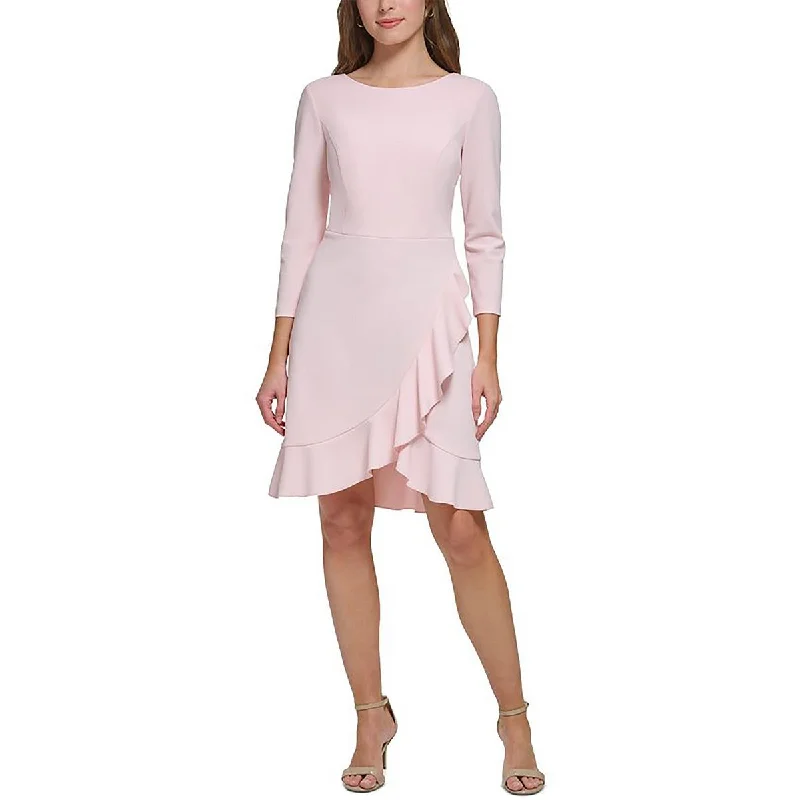 A-line Dresses for Flattering -Tommy Hilfiger Womens Petites Three Quarter Sleeve Ruffled Midi Dress