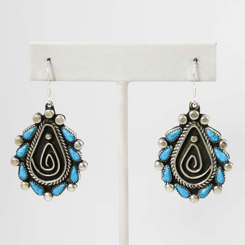 Ethnic Drop Earrings with Tribal Design -Kingman Turquoise Earrings