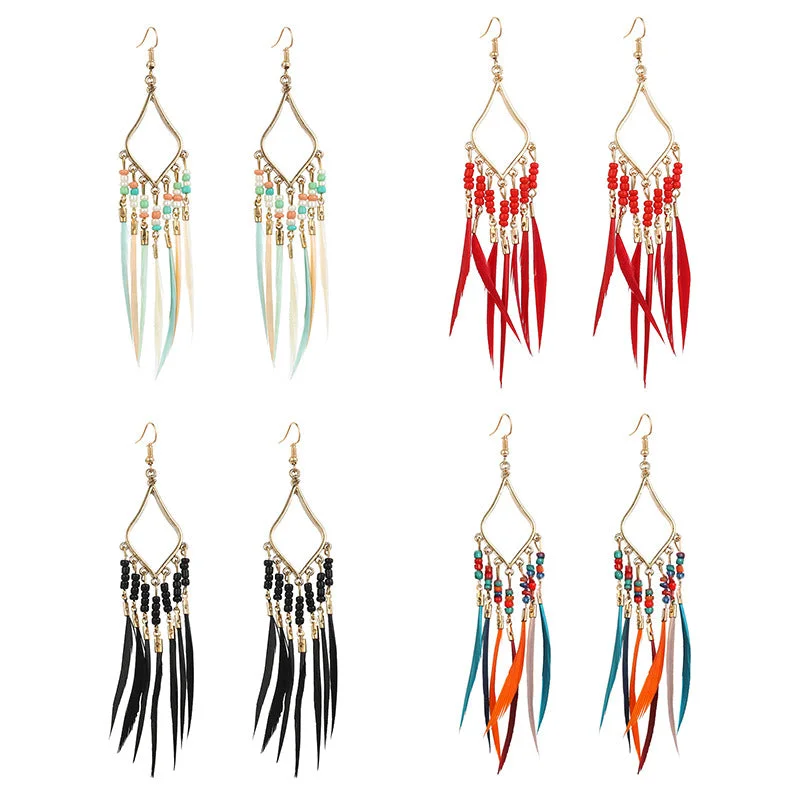 Waterproof Drop Earrings for Outdoor -Wholesale Bohemian Slim Feather Tassel Earrings