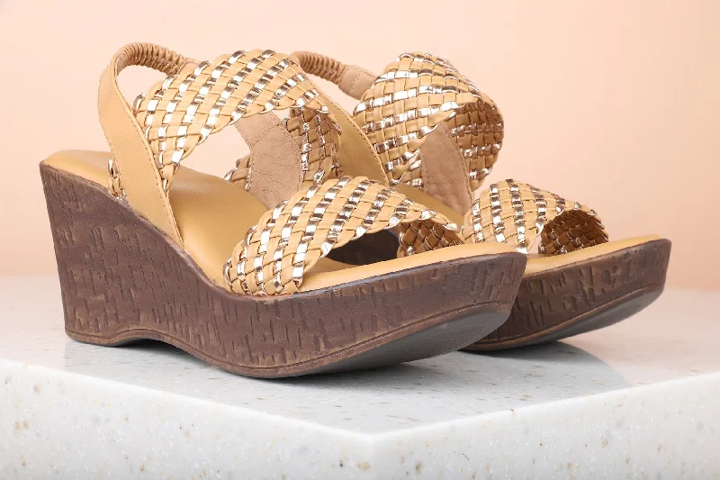 Waterproof sandals for women with durable straps and slip-resistant soles-Women Beige Textured Wedge Heels