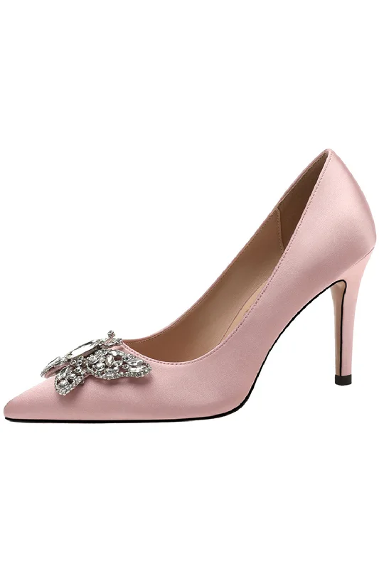 Trendy sandals for women with braided straps and comfortable footbed for casual style-Pink Rhinestone Butterfly Pointed High Heels