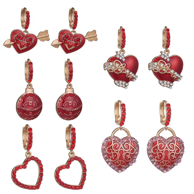 Round Drop Earrings for Classic -Wholesale Valentine's Day Red Diamond Studded Heart-shaped Alloy Earrings