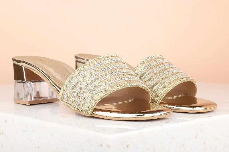 Casual sandals for women with lightweight construction and adjustable ankle straps-Women Gold Embellished Block Heels