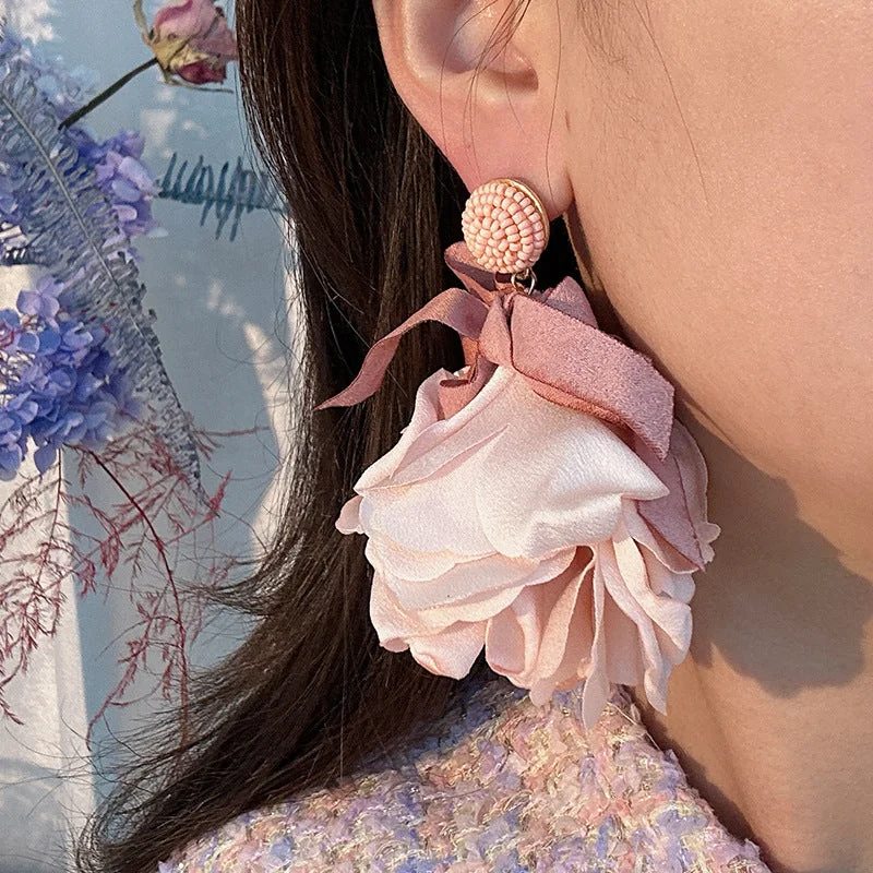 Drop Earrings with Enamel Coating -Wholesale Design Fabric Exaggerated Bow Flower Earrings