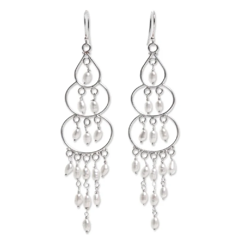 Drop Earrings with Keyhole Designs -Handmade Sterling Silver Moonlit Orbs Cultured Pearl Earrings (Indonesia) - 3.5*0.8