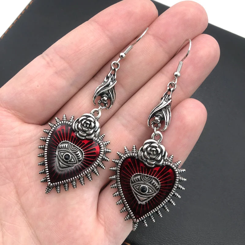 Screw Back Drop Earrings for Security -Wholesale Dark Gothic Style Wild Rose Heart Shaped Blood Eye Oil Drop Bat Earrings