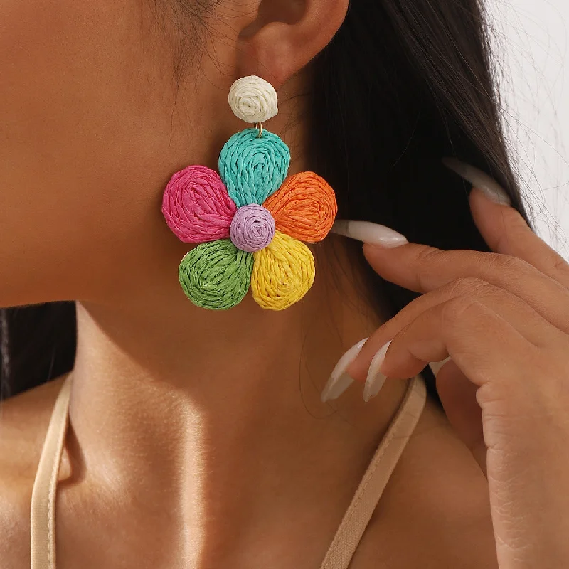 Drop Earrings for Shopping Trip -Wholesale Colorful Raffia Braided Flower Earrings