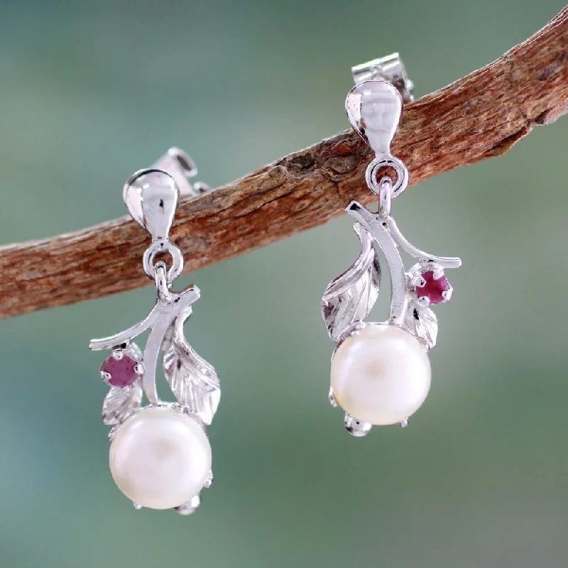 Bohemian Drop Earrings with Tassels -Handmade Sterling Silver 'Nature's Gift' Cultured Pearl Ruby Earrings (7 mm) (India) - 1.2*0.4