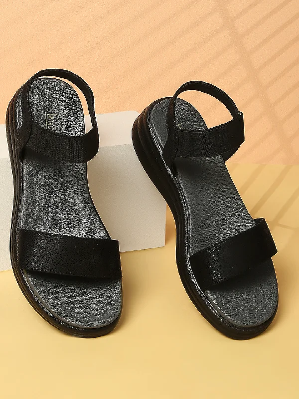 Comfortable sandals for women with foam footbed and velcro closure for ease-Women Black Comfort Heels