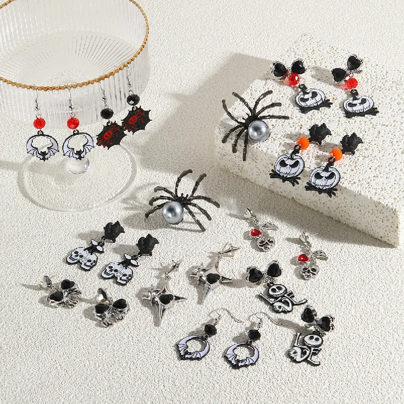 Crystal Drop Earrings for Sparkle -Wholesale Gothic Style Skull Pumpkin Spider Dark Halloween Earrings