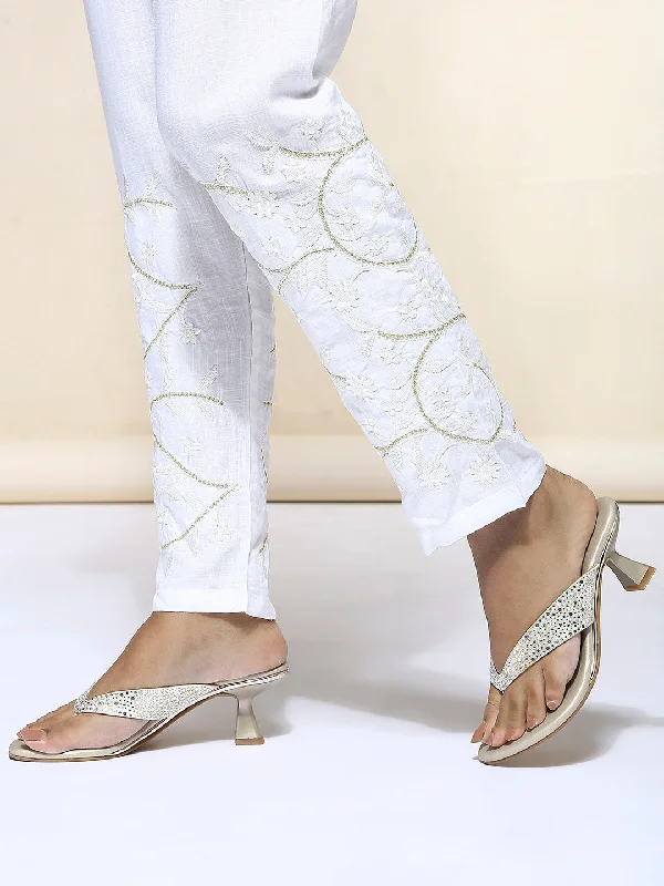 Comfortable sandals for women with contoured footbed and easy-to-adjust straps-Womens Gold Ethnic Embellished Round Toe Heels