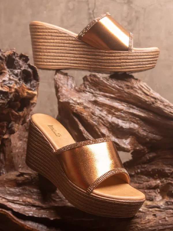 Casual sandals for women with cork footbed and crisscross strap design for style-Women Bronze Embellished Wedge Heels