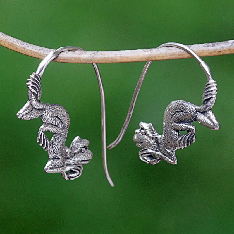 Magnetic Closure Drop Earrings for Easy -Handcrafted Sterling Silver 'Reposing Monkey' Earrings (Indonesia) - 1.2